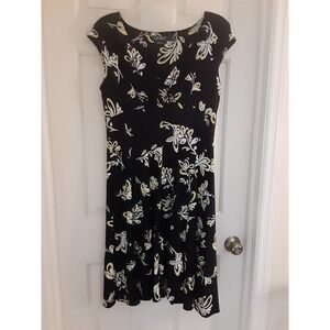 Ralph Lauren Black w/Blk & Yellow/White Floral Design V-neck Swing skirt Dress